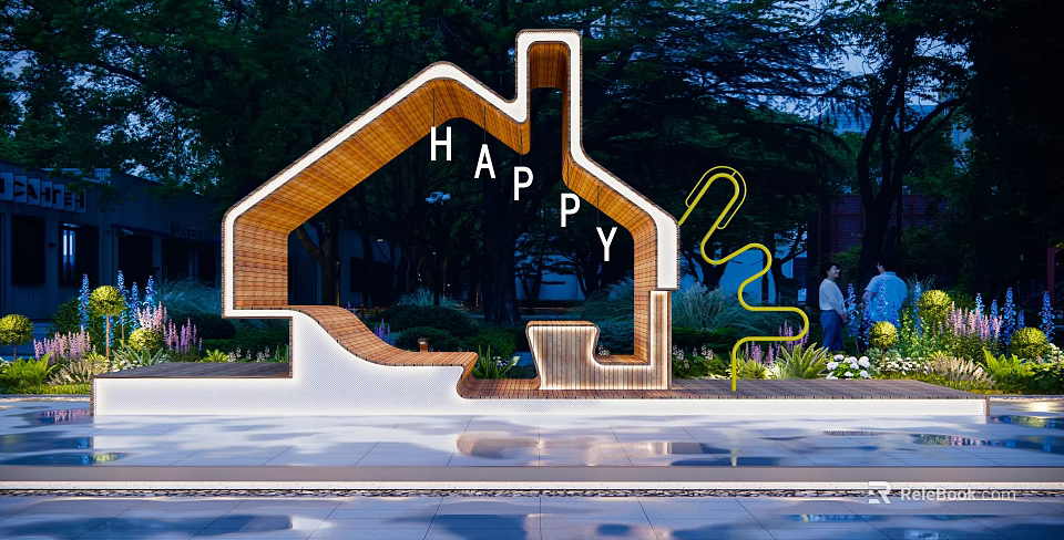 House Shaped Pergola With Happy Lettering Nighttime Lighting Greenery And People Nearby 3d model 