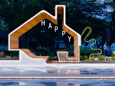 House Shaped Pergola With Happy Lettering Nighttime Lighting Greenery And People Nearby 3d model