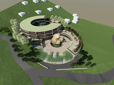 Circular Homestay Building Surrounded by Green Lawn and Trees With Central Courtyard and Water Feature 3d model