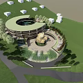 Circular Homestay Building Surrounded by Green Lawn and Trees With Central Courtyard and Water Feature