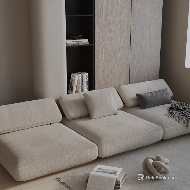 Three-Seater Sofa Light Beige Knitted with Cushions Gray Cushion and Blanket in Modern Living Room 3d model 
