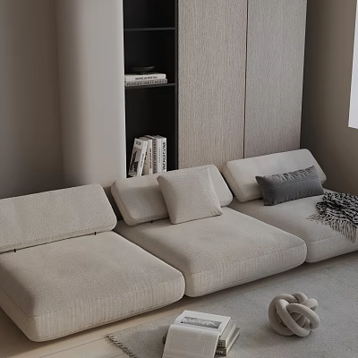 Three-Seater Sofa Light Beige Knitted with Cushions Gray Cushion and Blanket in Modern Living Room 3d model