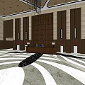 Elegant Hotel Lobby Design With Brown Wooden Walls Reception Desk And Marble Floor Patterns