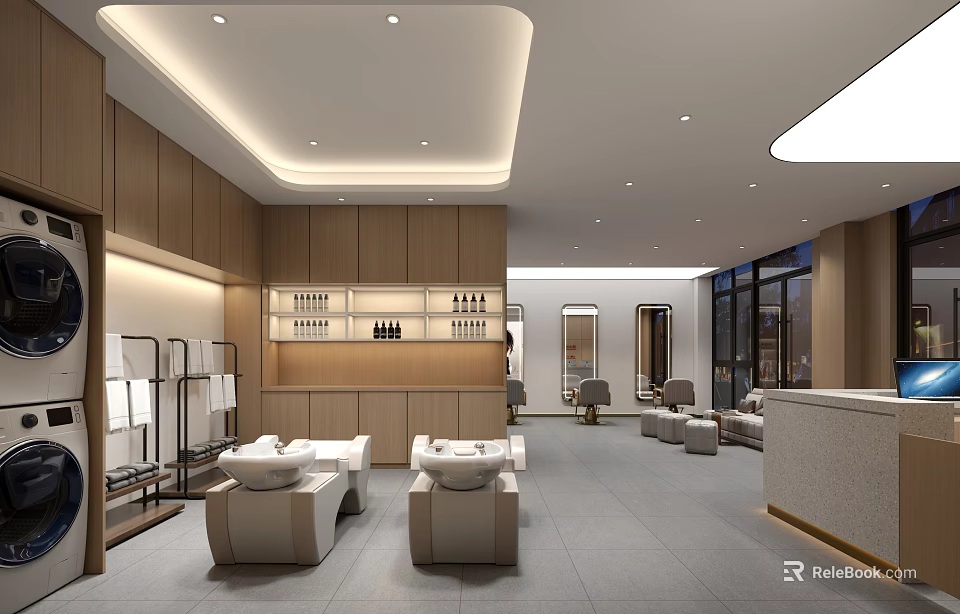Modern Beauty Salon Interior With Comfortable Seats Display Shelves Reception Desk And Soft Lighting 3d model 