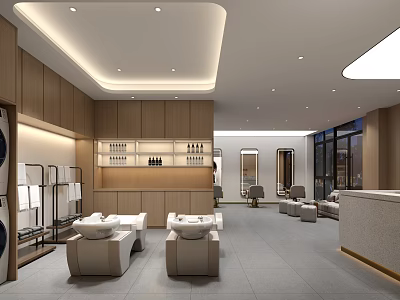 Modern Beauty Salon Interior With Comfortable Seats Display Shelves Reception Desk And Soft Lighting 3d model