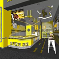 Modern Fast Food Shop in Mall with Yellow Counter Menu Boards and Seats