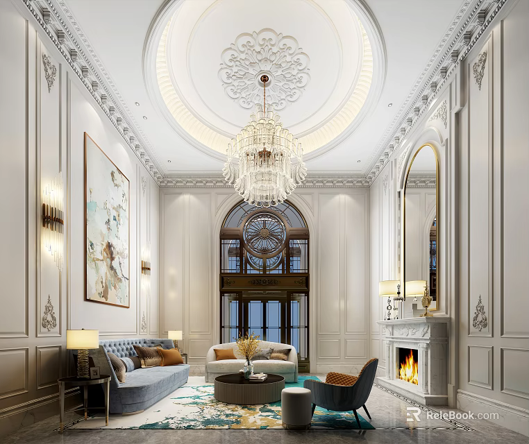 Luxurious Duplex Living Room Interior Design With Crystal Chandelier Sofa Fireplace And Decorative Paintings 3d model 