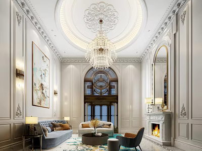 Luxurious Duplex Living Room Interior Design With Crystal Chandelier Sofa Fireplace And Decorative Paintings 3d model