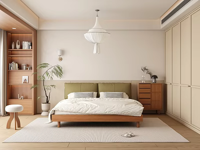 Modern Natural Bedroom Interior With Wooden Bed Green Headboard White Linens And Green Plant 3d model