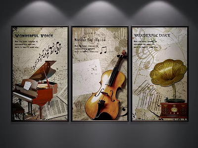 Vintage Music Themed Three Panel Wall Art With Piano Violin Gramophone And Music Notes 3d model