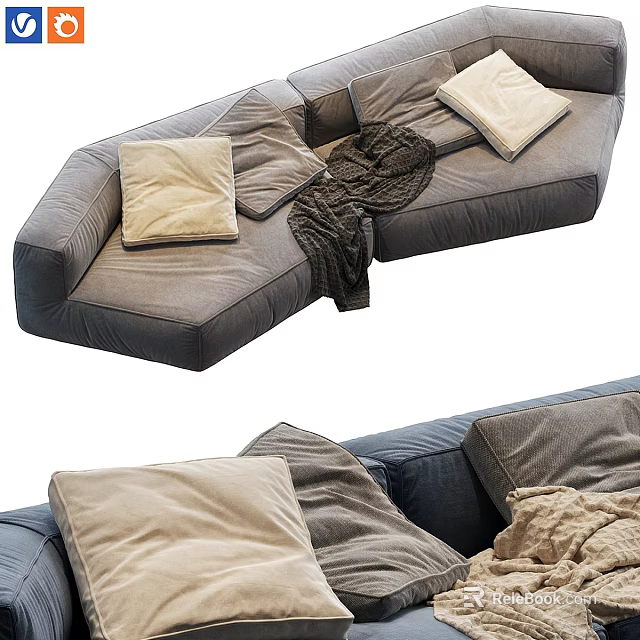 Cozy Gray and Blue Sectional Sofa With Soft Pillows and Warm Blanket 3d model 