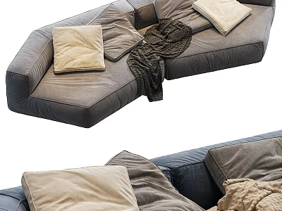 Cozy Gray and Blue Sectional Sofa With Soft Pillows and Warm Blanket 3d model