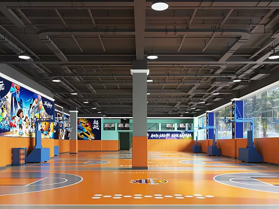 Basketball Gym Interior With Orange Floor Hoops Murals And Natural Light 3d model