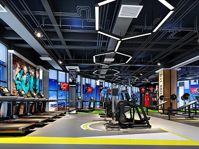 Modern Fitness Gym Interior With Treadmills Elliptical Machines Geometric Lights And Graffiti Walls 3d model