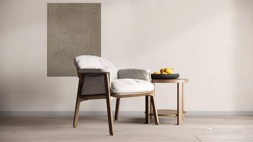 Minimalist Single Sofa With Wooden Frame White Cushion And Side Table Fruit Bowl 3d model 