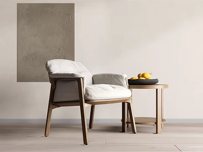 Minimalist Single Sofa With Wooden Frame White Cushion And Side Table Fruit Bowl 3d model