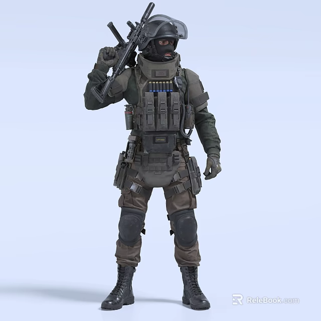 A Man in Tactical Gear Wearing Helmet Mask Holding Rifle with Vest and Ammo Pouches 3d model 