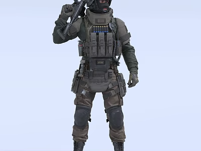 A Man in Tactical Gear Wearing Helmet Mask Holding Rifle with Vest and Ammo Pouches 3d model