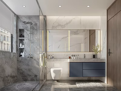 Modern Bathroom Interior With Marble Walls Large Mirror Shower Area Toilet And Wooden Vanity 3d model