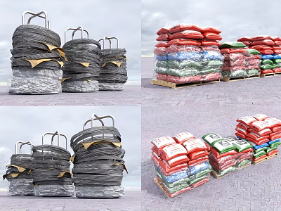 Organized Display Shelves With Stacked Colorful And Grey Bags On Pallets 3d model