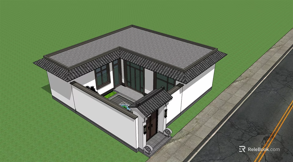 Traditional Chinese Detached Villa With Grey Tiled Roof White Walls Small Courtyard And Entrance Steps 3d model 