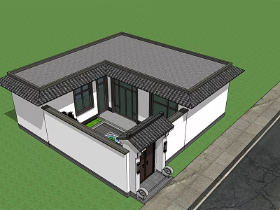 Traditional Chinese Detached Villa With Grey Tiled Roof White Walls Small Courtyard And Entrance Steps 3d model