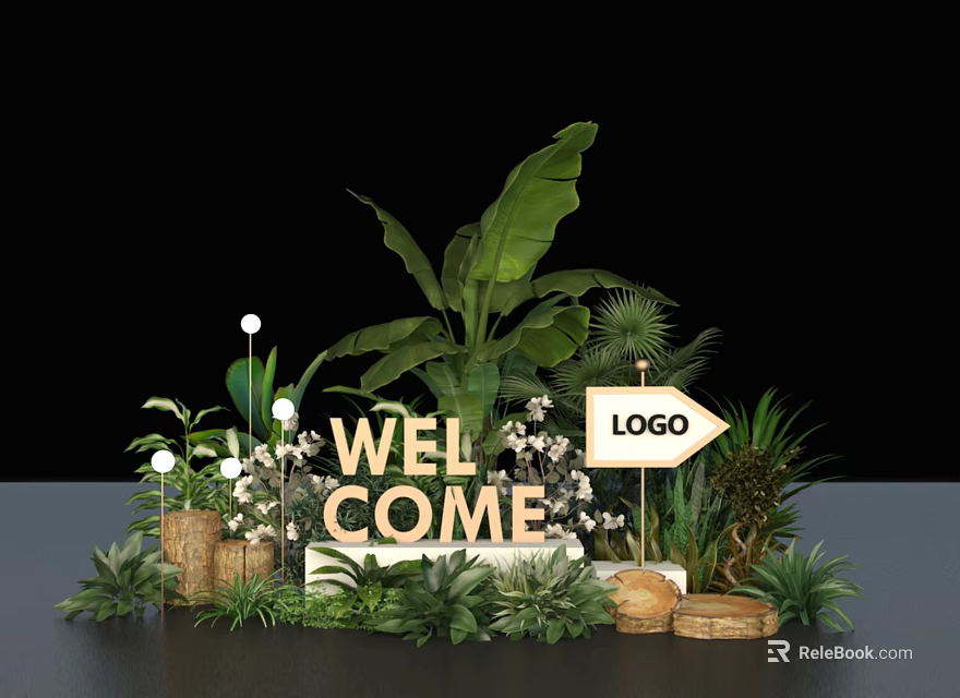 Guiding Welcome Signage With Logo And Tropical Foliage Decorative Elements 3d model 