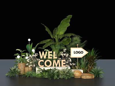 Guiding Welcome Signage With Logo And Tropical Foliage Decorative Elements 3d model