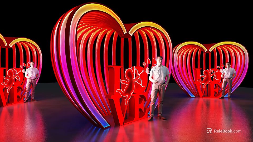 Vibrant Neon Heart Sculpture With LOVE Lettering And Cupid Design Featuring Person 3d model 