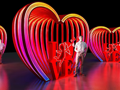 Vibrant Neon Heart Sculpture With LOVE Lettering And Cupid Design Featuring Person 3d model