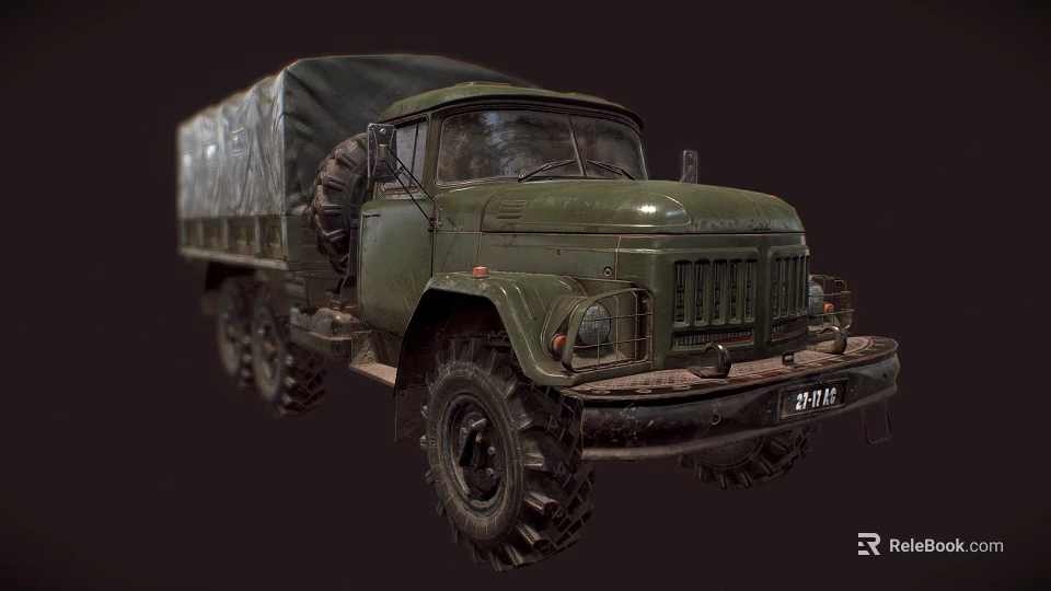 Vintage Green Military Truck With Canvas Covered Cargo Bed And Large Off Road Tires 3d model 
