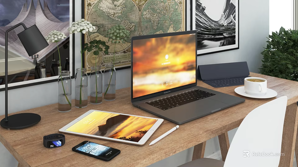 Modern Laptop Setup With Tablet Smartphone Smartwatch Pen And Coffee On Wooden Desk 3d model 