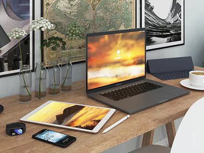 Modern Laptop Setup With Tablet Smartphone Smartwatch Pen And Coffee On Wooden Desk 3d model