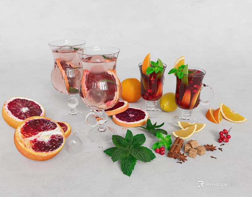 Refreshing Beverages in Glasses with Blood Oranges Lemons Mint Leaves Cranberries Cinnamon Sticks Sugar Cubes 3d model 