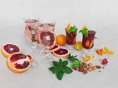 Refreshing Beverages in Glasses with Blood Oranges Lemons Mint Leaves Cranberries Cinnamon Sticks Sugar Cubes 3d model