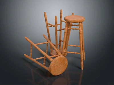 Natural Wooden Stools With Round Seats And Slender Legs In Standing And Fallen Positions 3d model