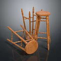 Natural Wooden Stools With Round Seats And Slender Legs In Standing And Fallen Positions