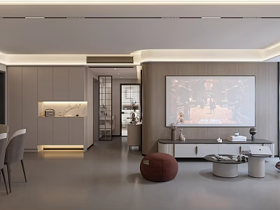 Modern Living and Dining Room Interior With TV Wall Gray Cabinets Red Round Pouf And Coffee Tables 3d model