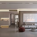 Modern Living and Dining Room Interior With TV Wall Gray Cabinets Red Round Pouf And Coffee Tables