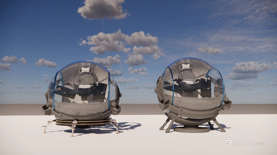 Two Spherical Industrial Equipment Units With Transparent Cabin And Metal Support Base 3d model 
