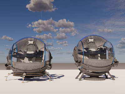 Two Spherical Industrial Equipment Units With Transparent Cabin And Metal Support Base 3d model
