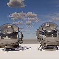 Two Spherical Industrial Equipment Units With Transparent Cabin And Metal Support Base