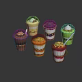 Layered Dessert Cups with Various Colors Layers and Fresh Fruits Nuts Cream Toppings