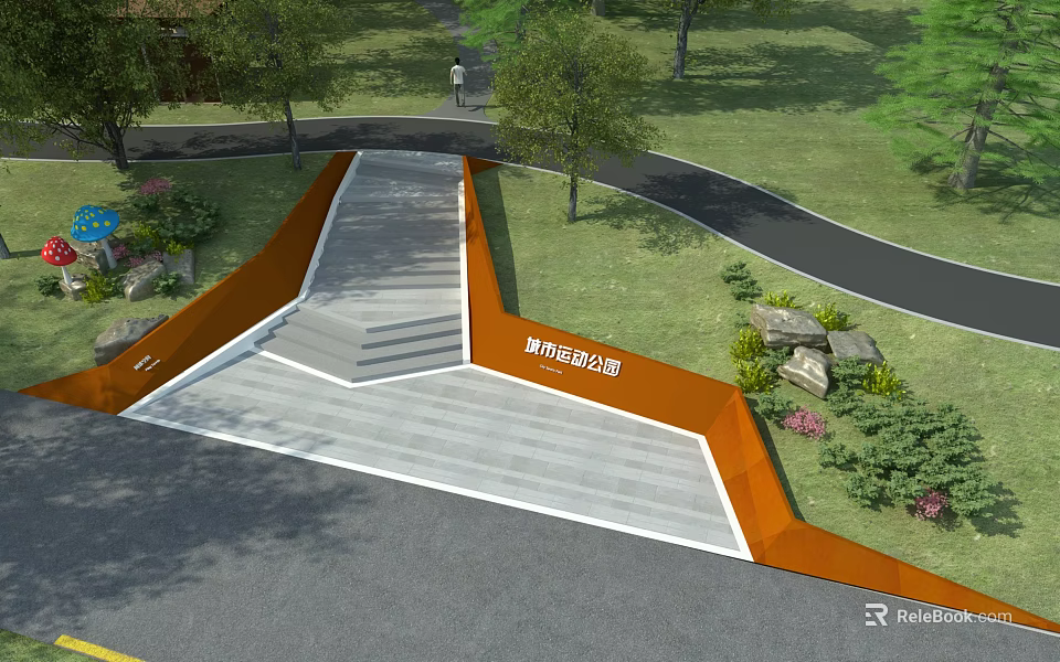 Park Landscape Design With Orange Pathway Steps Green Grass And Surrounding Trees 3d model
