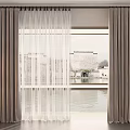 Gray Double Layer Curtains With Sheer White Panels For Window Water View And Floor Lamp