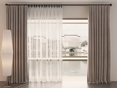 Gray Double Layer Curtains With Sheer White Panels For Window Water View And Floor Lamp 3d model
