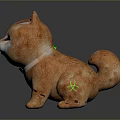 Orange Shiba Inu Puppy Figurine With Green Collar And Open Mouth On Dark Background