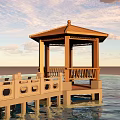 Scenic Wooden Pavilion on Water with Stone Base and Cloudy Sky View