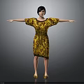Woman in Yellow and Black Patterned Dress with Short Hair and Outstretched Arms
