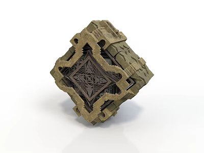 Cube Shaped Sculpture Carving with Intricate Geometric Patterns and Detailed Textures 3d model